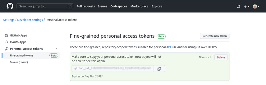 The generated personal access token