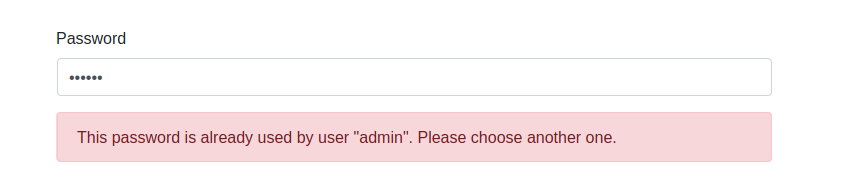 An alert warning that the chosen password is already in use by the "admin" user