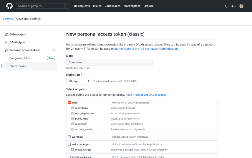 Generating a classic personal access token in GitHub
